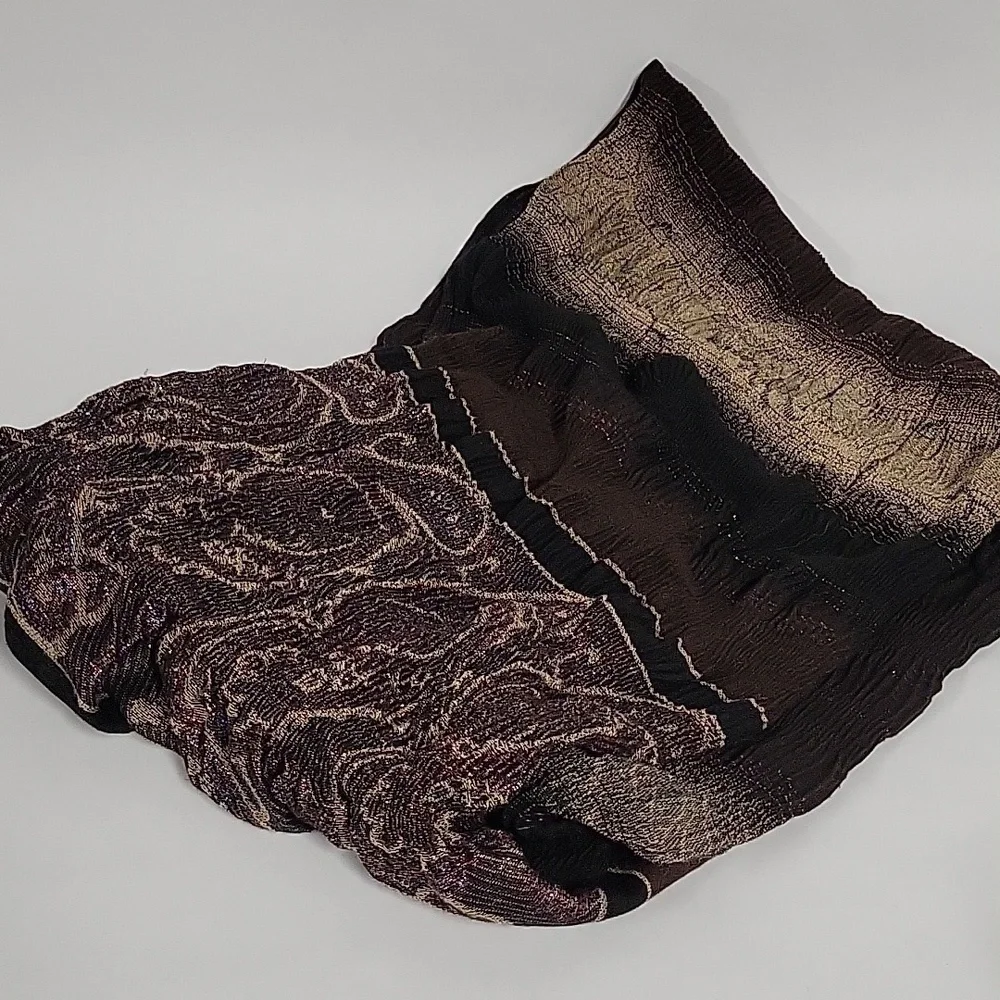 Brown Black Tan Sparkle Paisley Like Print Women's Scarf with Black Fringe